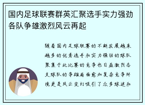 国内足球联赛群英汇聚选手实力强劲各队争雄激烈风云再起