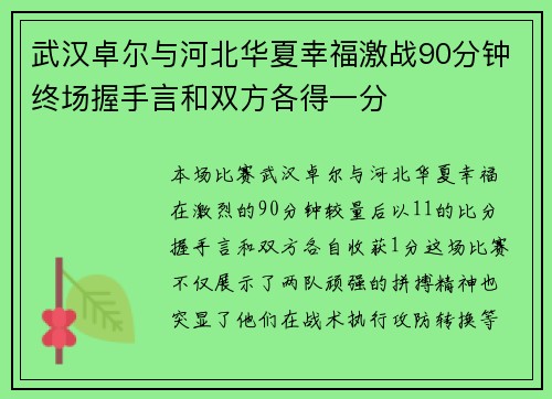 武汉卓尔与河北华夏幸福激战90分钟终场握手言和双方各得一分